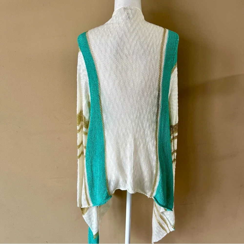 Daytrip Large White Green Gold Cardigan Crochet Sweater Open Knit Draped Front - Picture 3 of 4